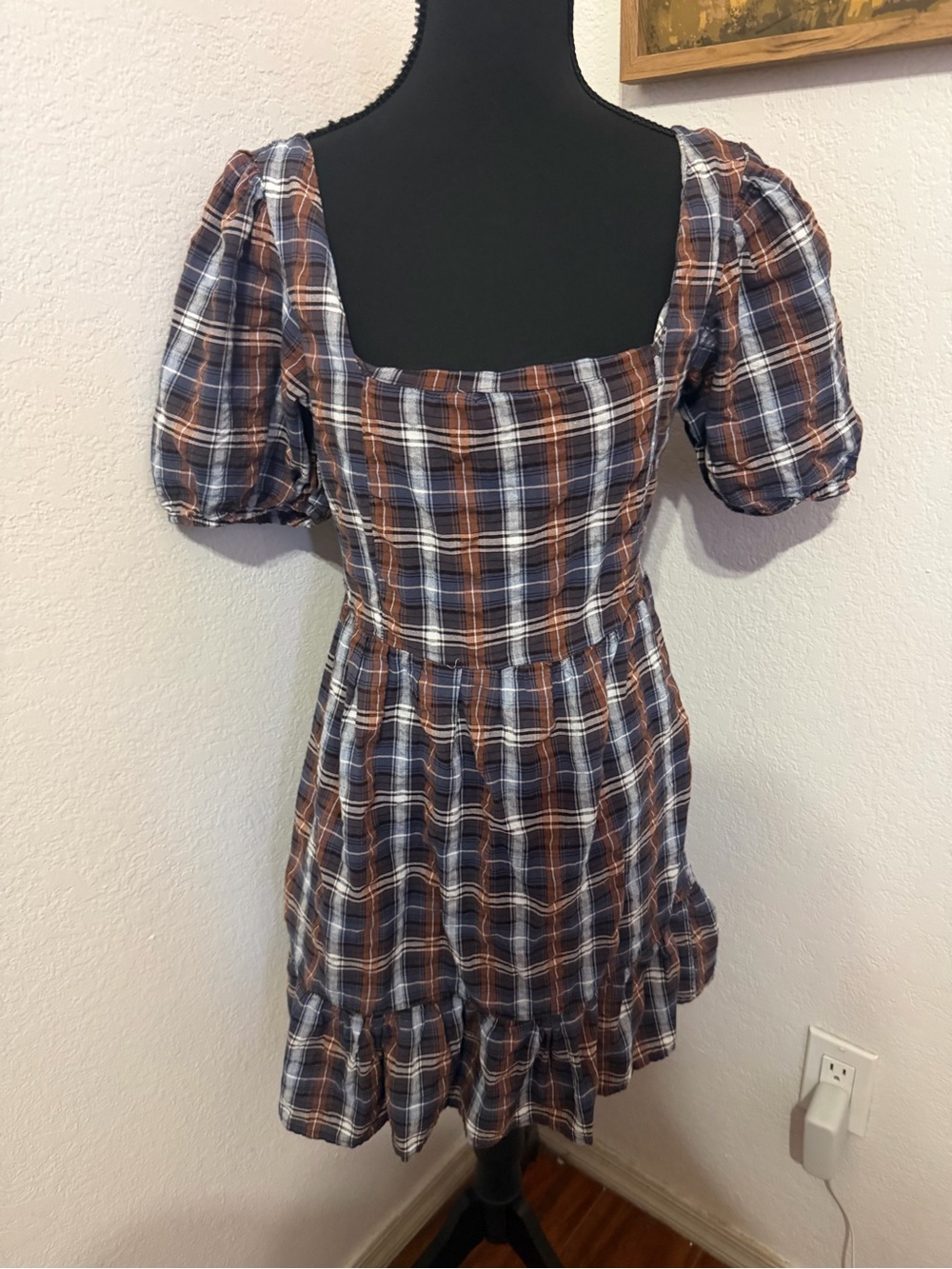 Dizzy Lizzy Plaid Puff-Sleeve Square Neck Dress in Navy & Brown- Size M